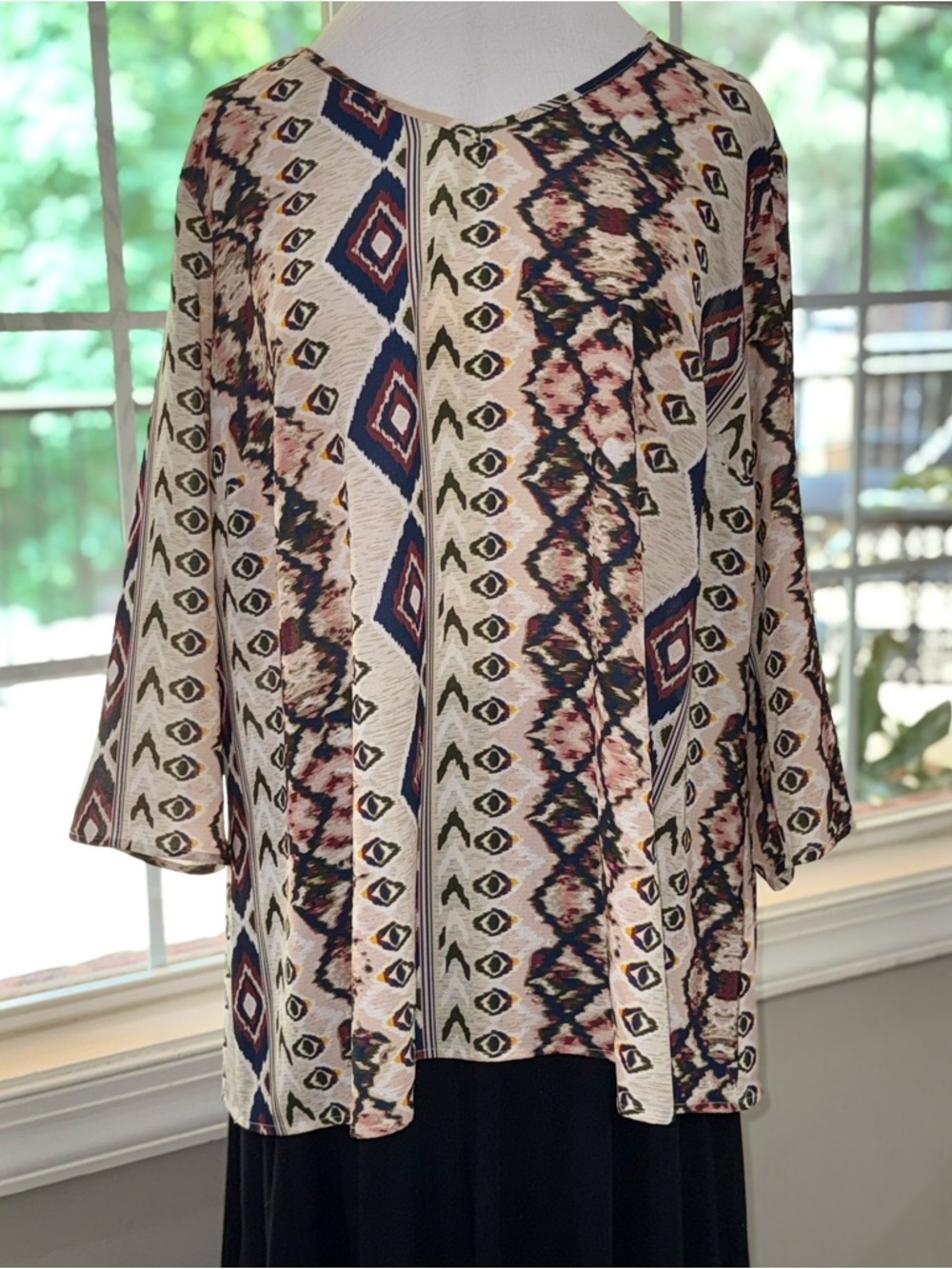 Boho Tribal Print Flowy Top 2X Plus Size Peplum Blouse 3/4 Sleeve